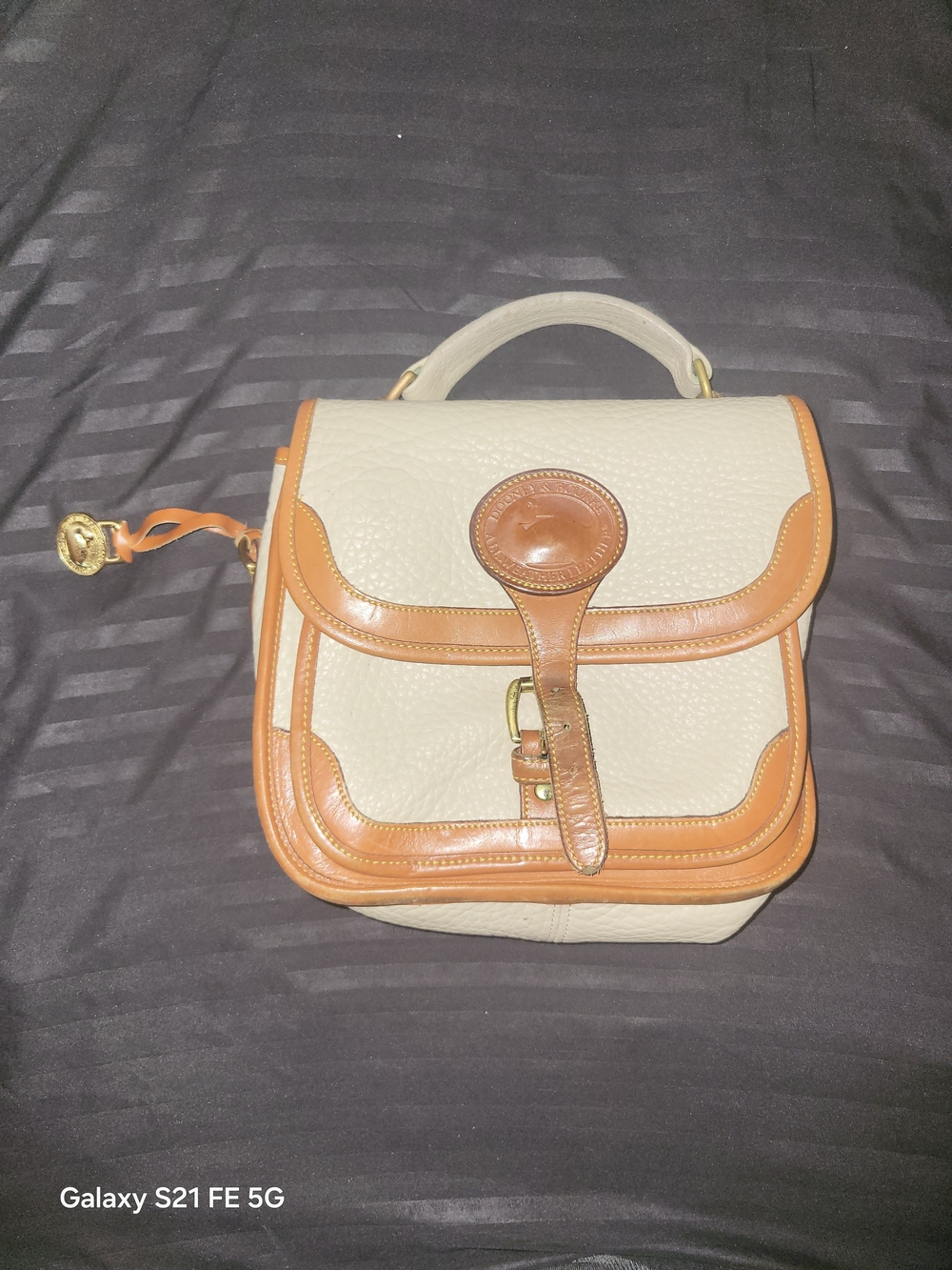 Dooney & Bourke Cream and Tan Pebbled Leather Top-Handle Satchel